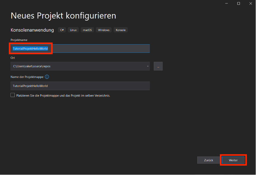 Projekt Konfiguration Projektname