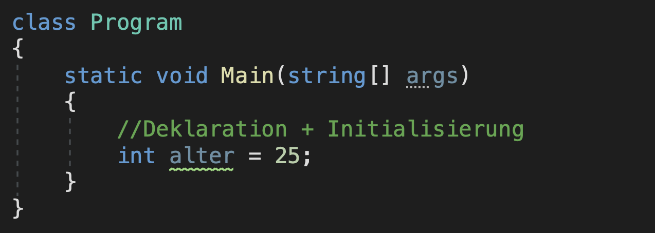 deklaration + initialisierung einer c# variable mit c# datentyp int