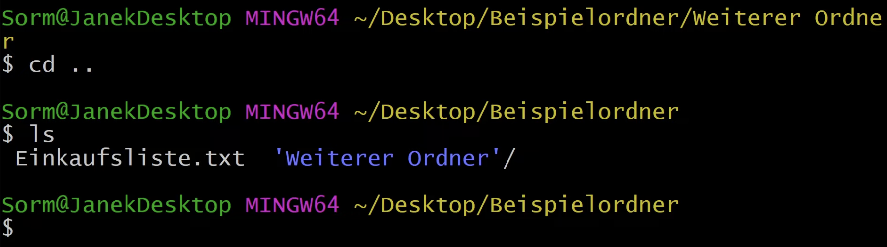 Wir geben in der Git Bash cd und ls ein