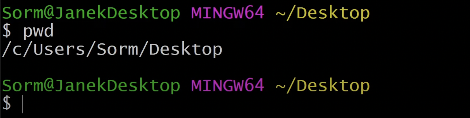 Mit pwd sehen wir, dass wir uns auf dem Desktop befinden