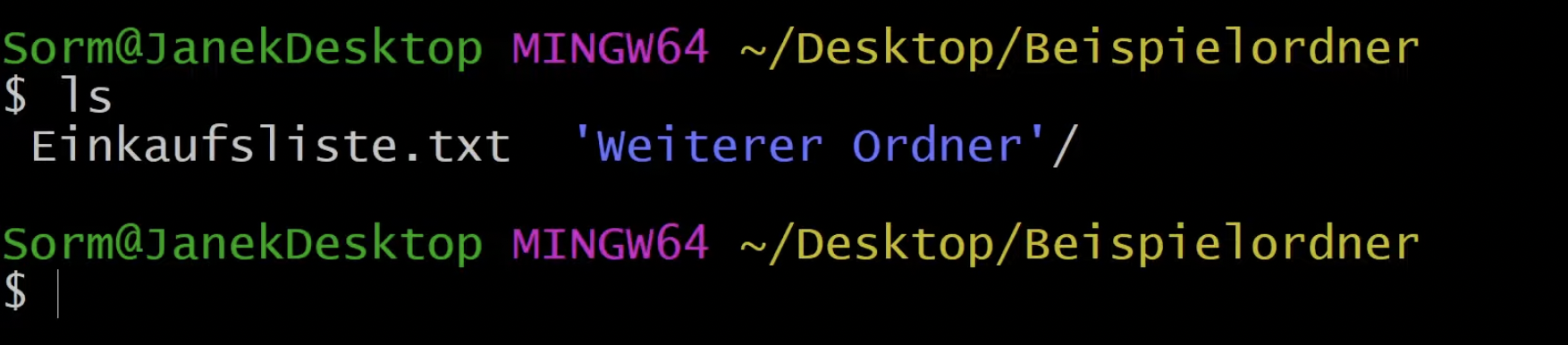 Mit ls wird uns in der Git Bash der Inhalt des Verzeichnisses angezeigt