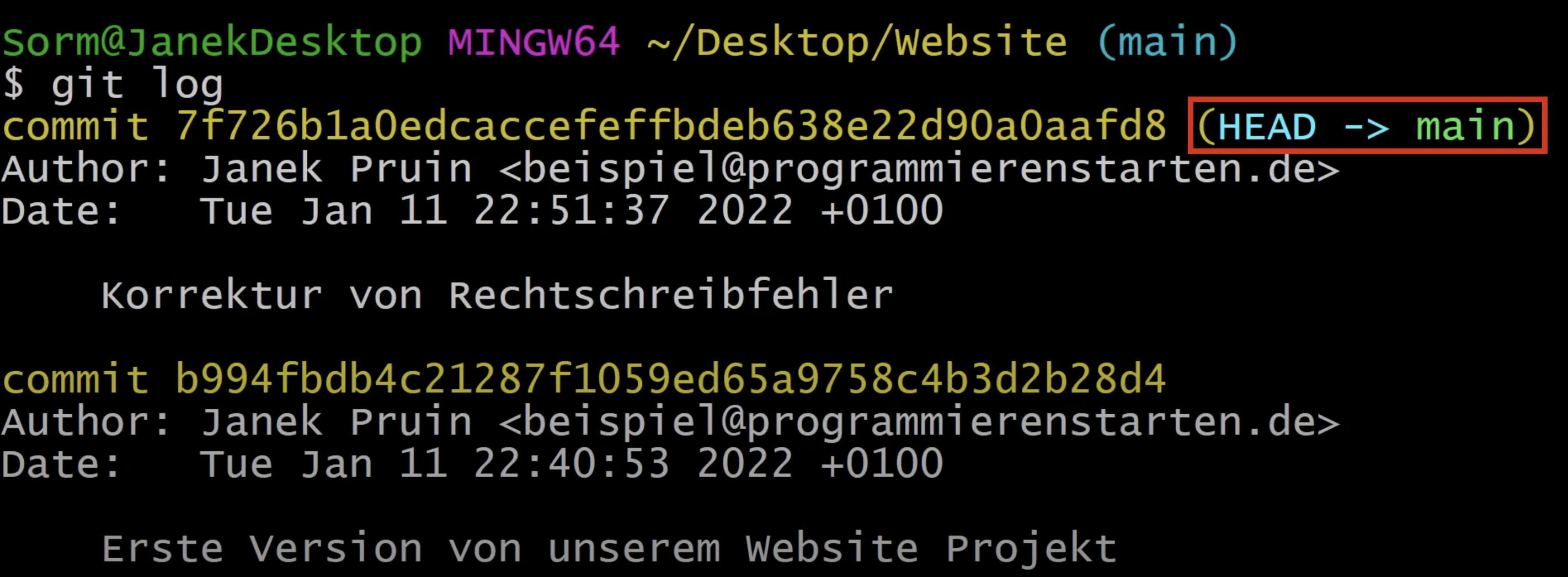 git checkout: Wir sehen wieder beide Commits und dass der Head auf den Main Branch zeigt