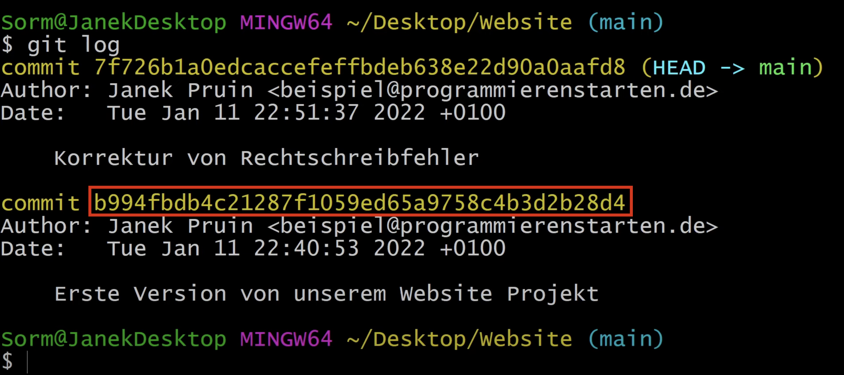 Der erste Git Commit hat diesen Hash-Wert