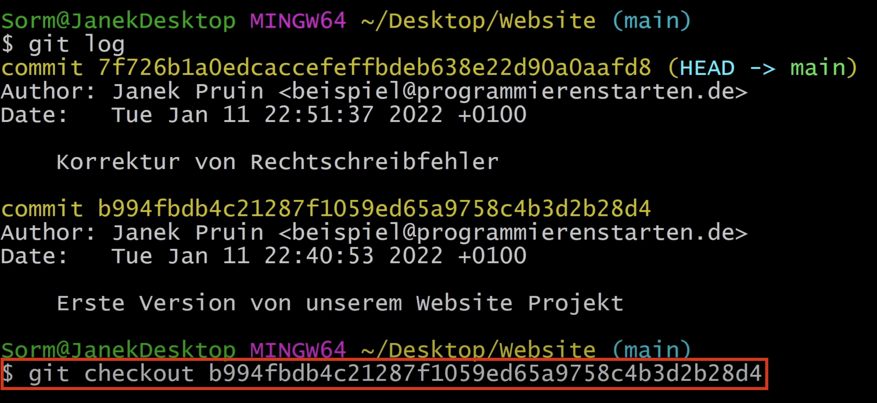 Mit git checkout und dem Hash-Wert bewegen wir den Head-Pointer auf den Commit