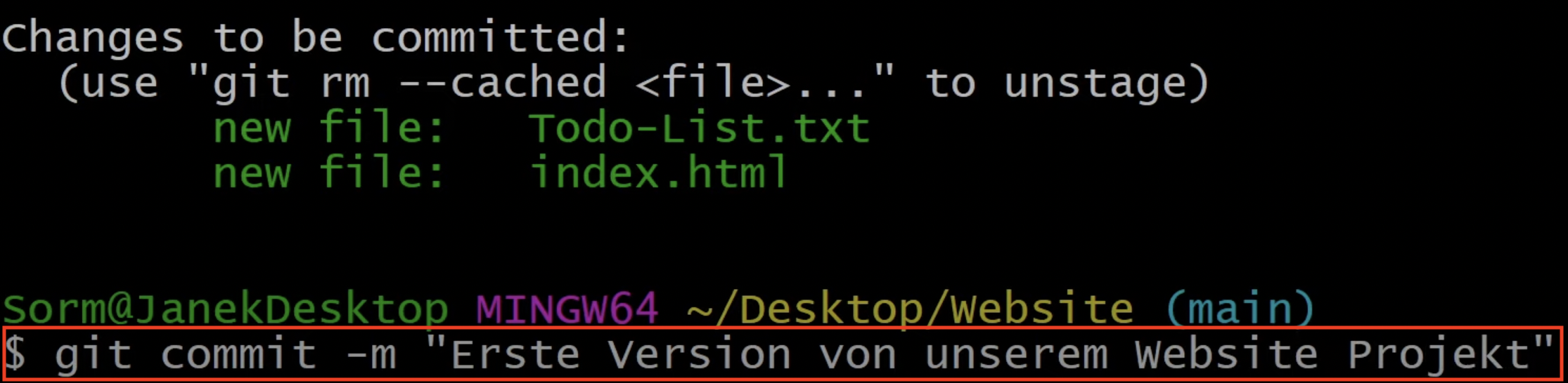 Der erste Git commit