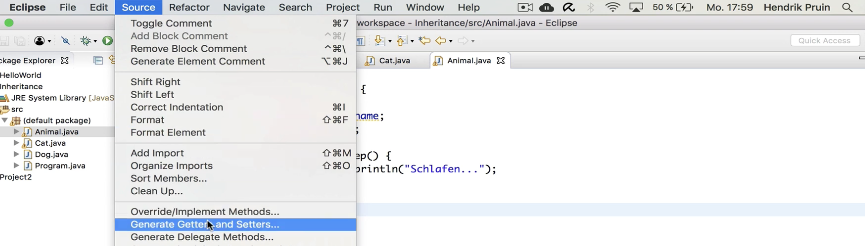 Java Vererbung: Wir wählen bei Source - Generate Getters and Setters