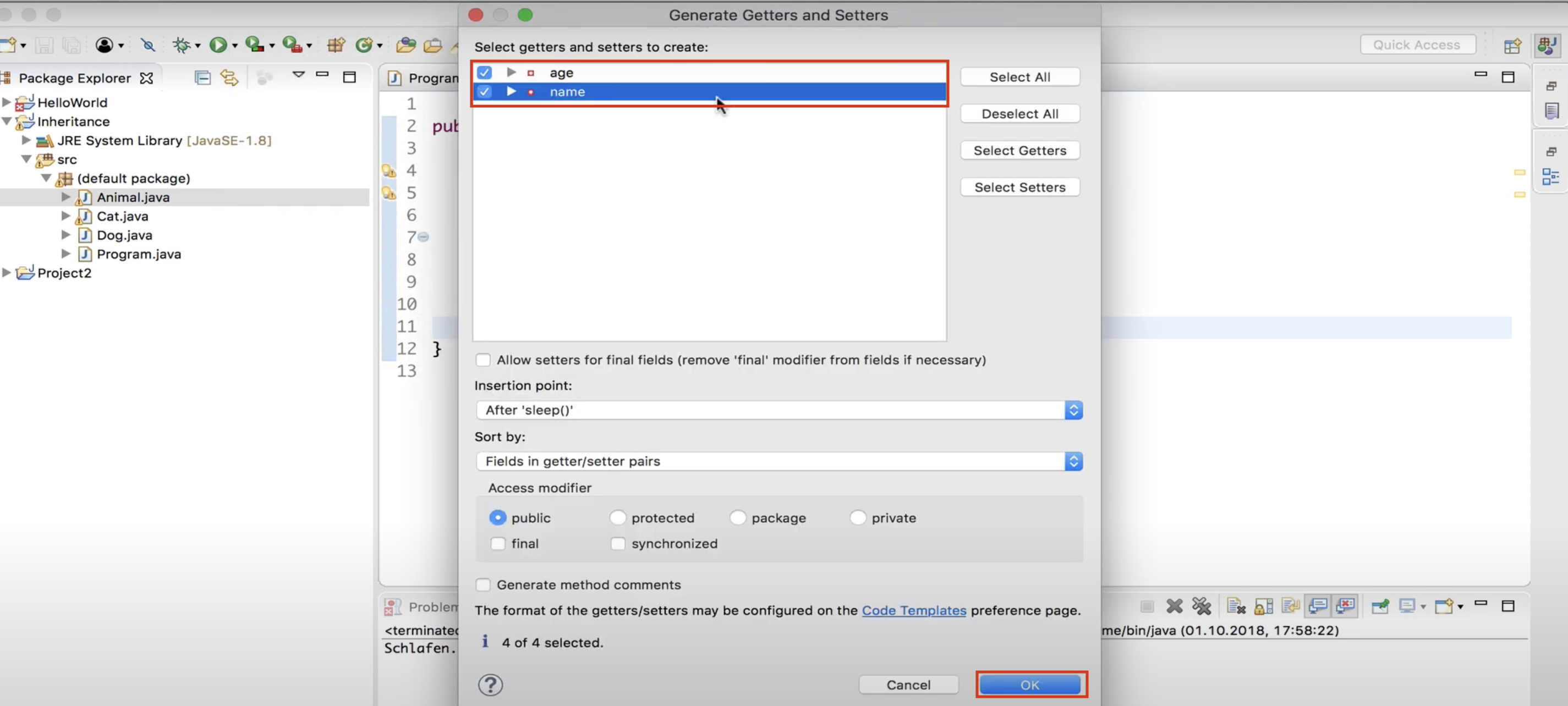 Java Vererbung: Anschließend wählen wir die Getter und Setter aus und klicken auf OK