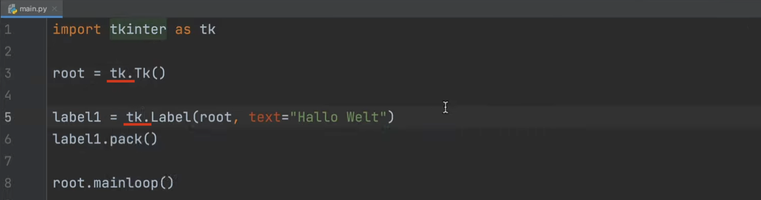 Wir ersetzen im Python Tkinter Code den Namen "tkinter" durch "tk"