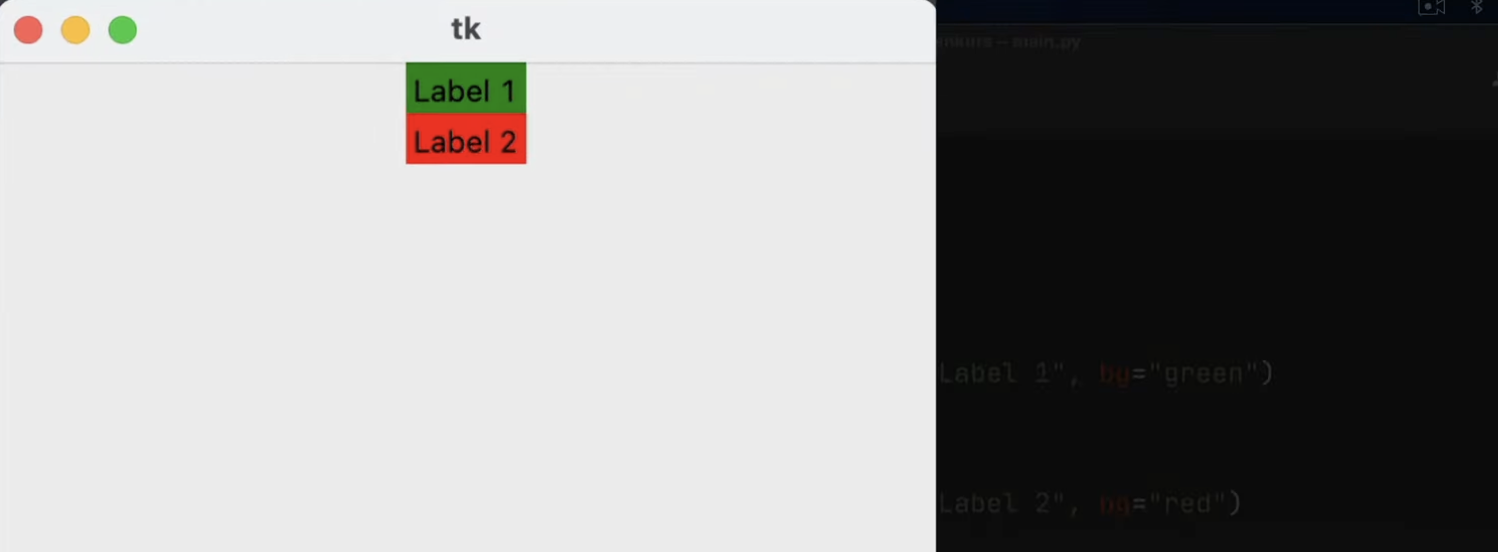 Nachdem wir für Label 2 die Tkinter Pack Methode angegeben haben sehen wir bei der Ausgabe Label 2 direkt unter Label 1