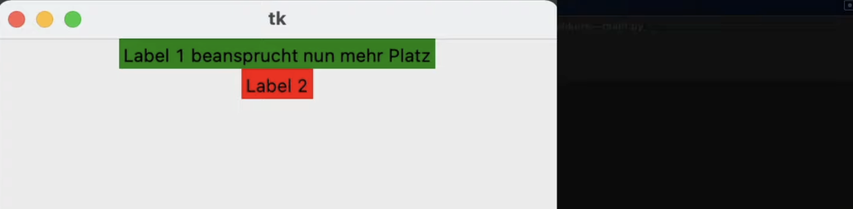 Bei einem längeren Text sorgt Tkinter pack dafür, dass das Label in die Breite wächst