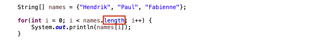 Die Java foreach Schleife: Dank des length-Attributs in der for Schleife überschreiten wir die Länge des Arrays nicht