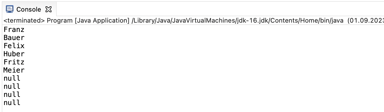 In der Konsole sehen wir jeden einzelnen Namen untereinander aufgelistet
