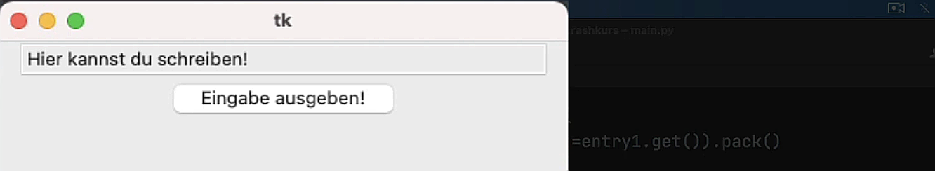 Im Tkinter Entry Widget wird jetzt schon zu Beginn der String "Hier kannst du schreiben" angezeigt
